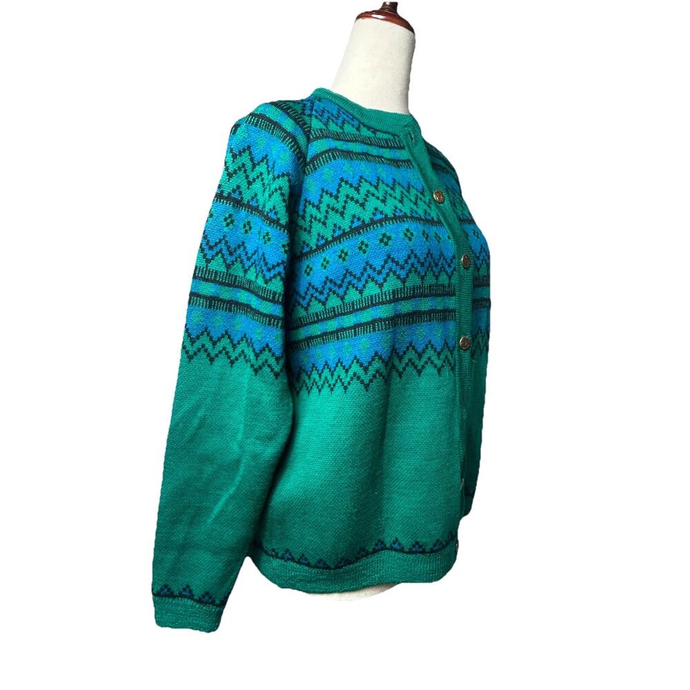 Vintage 50s 60s Kandel Wool Fair Isle Cardigan Sweater Sz L Herringbone Chevron - Picture 4 of 9